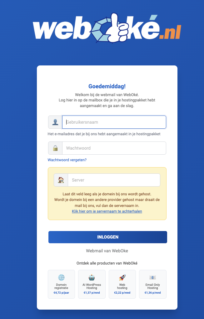 WebOké webmail pieteikšanās ekrāns